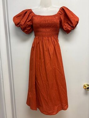Petal + Pup Smocked Puff Sleeve Midi Dress Rust Orange NWT Size US 4